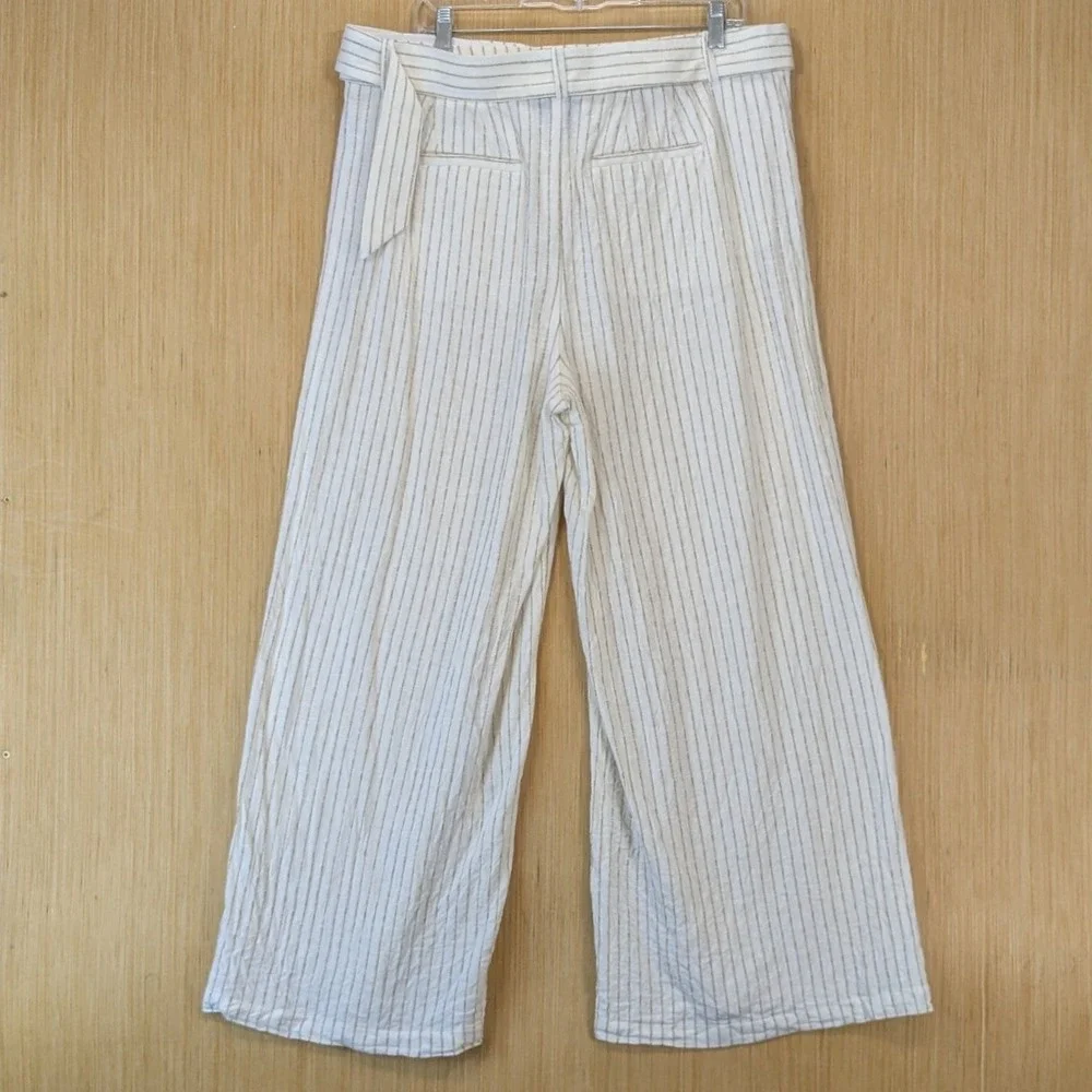 Lane Bryant Womens Linen Blend Wide Leg Pinstripe Pants 14 White Tan‎ Belted